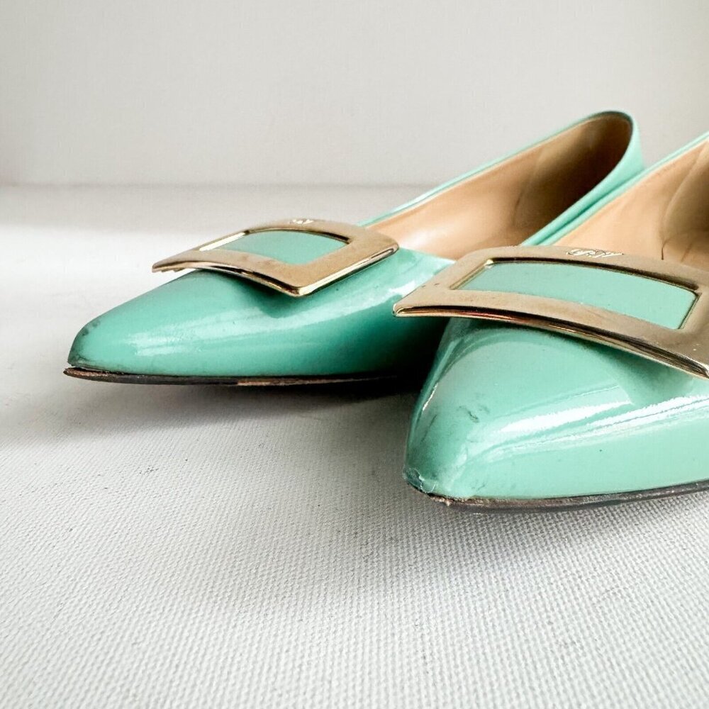 Roger Vivier Sea-foam Green Classic Buckle Accent Pointy Toe Flats  36.5 - Picture 10 of 12
